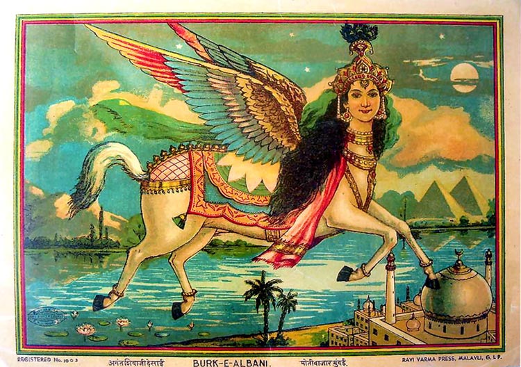 “Burk-e-Albani”[Buraq al Nabi or night journey, from the Qur’an’s Isra, Sure xvii] c. 1920s, poster by Ravi Varma Press. Plate 163 from From Neumayer & Schelberger, Op Cit. N & S note that “Al-Buraq, a mythical being who is supposed to have served many prophets and is bestowed with the most fantastic of attributes: a human face, a horse’s mane, a camel’s legs and hoofs, a cow’s body, ruby red breasts, and the wings of an angel.” The “cow’s body” contributes to the debate around the buraq’s similarity to the kamadhenu.