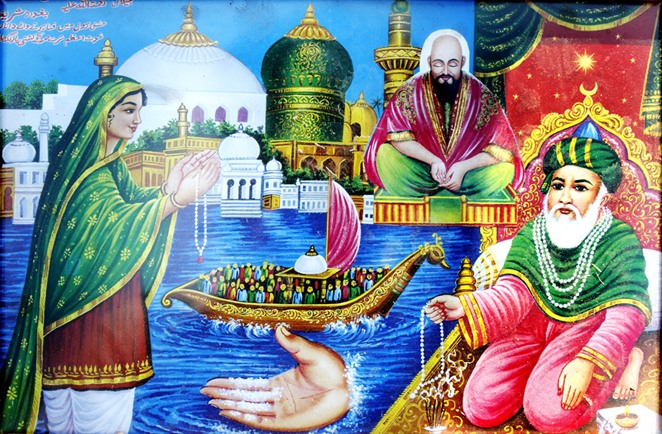 A woman pays homage to the shrine of Saint Abdul Qadir Jilani in Baghdad (Iraq) who is considered in high esteem by all Sufis in South Asia. The saint’s miracle (of saving a drowning boat) is depicted in the backdrop. Sailani baba has been inserted onto the scene. Framed poster being sold in a shop near Sailani shrine.