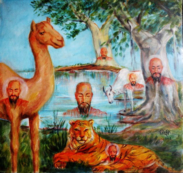 Sailani baba painted over plants, rivers and animals. This painting attempts to illustrate that Sailani baba continues to live in, and act through them.